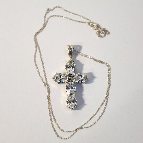 Vintage 80's 925 Cross White Zircon / CZ  with 925 Italy Chain 16.5" - Picture 2 of 11